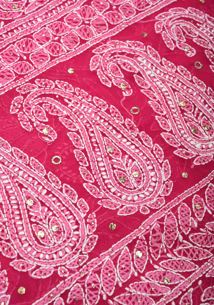 Raspberry pink Authentic Hand-Embroidered Full Jaal Chikankari Georgette Saree with Mukeish work