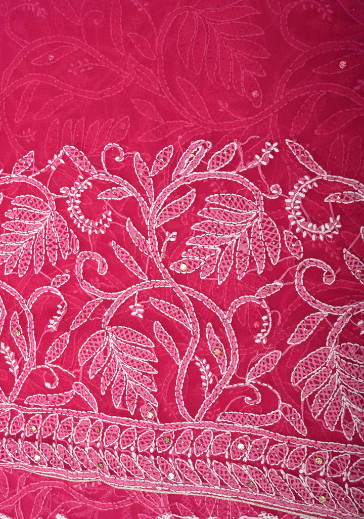 Raspberry pink Authentic Hand-Embroidered Full Jaal Chikankari Georgette Saree with Mukeish work