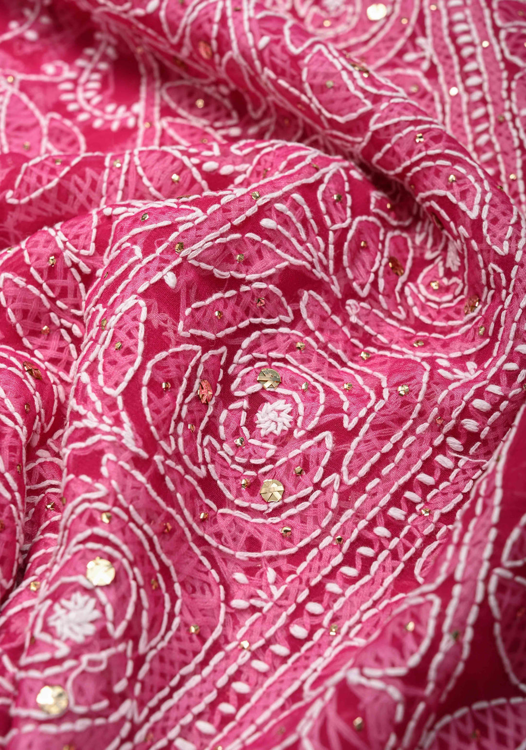 Raspberry pink Authentic Hand-Embroidered Full Jaal Chikankari Georgette Saree with Mukeish work