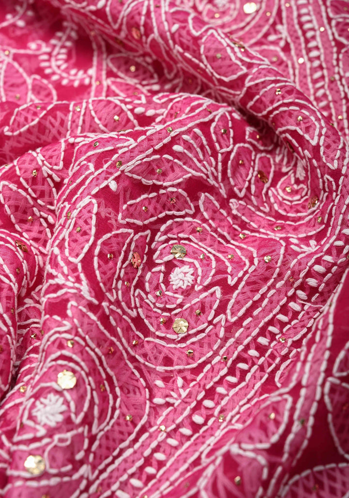 Raspberry pink Authentic Hand-Embroidered Full Jaal Chikankari Georgette Saree with Mukeish work