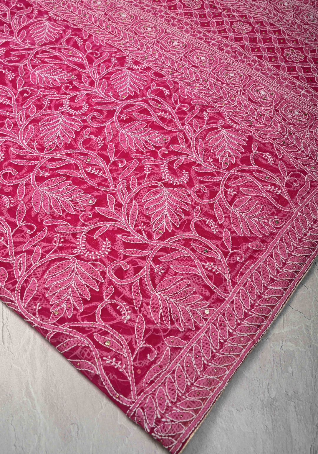 Raspberry pink Authentic Hand-Embroidered Full Jaal Chikankari Georgette Saree with Mukeish work