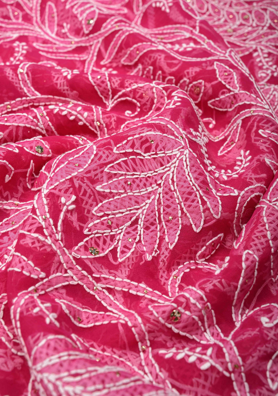 Raspberry pink Authentic Hand-Embroidered Full Jaal Chikankari Georgette Saree with Mukeish work