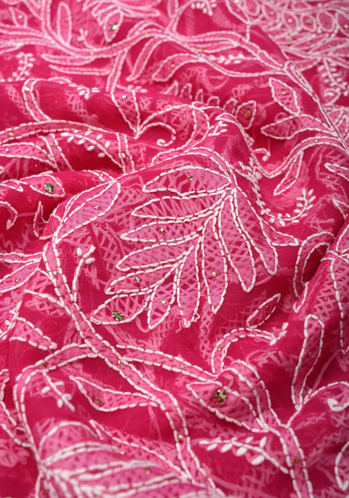 Raspberry pink Authentic Hand-Embroidered Full Jaal Chikankari Georgette Saree with Mukeish work