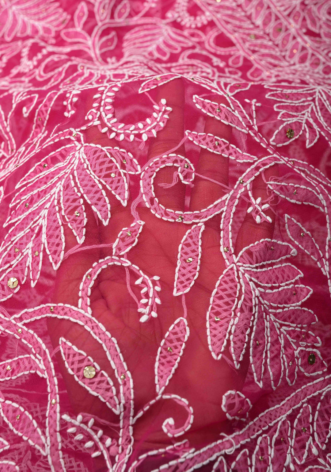 Raspberry pink Authentic Hand-Embroidered Full Jaal Chikankari Georgette Saree with Mukeish work