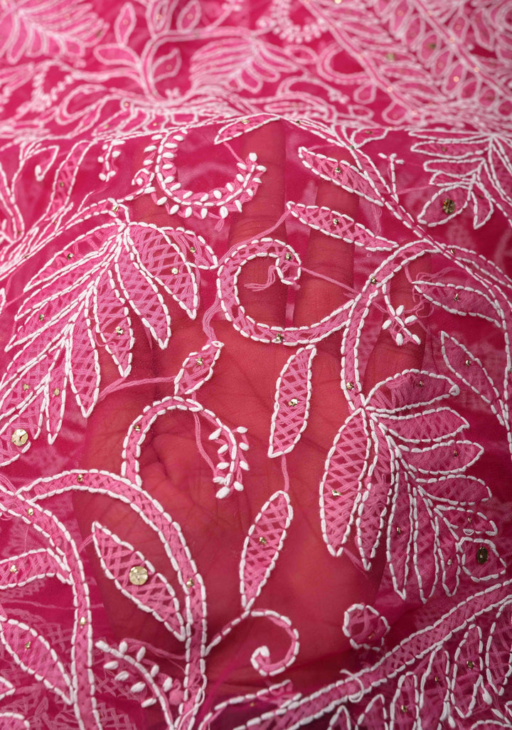 Raspberry pink Authentic Hand-Embroidered Full Jaal Chikankari Georgette Saree with Mukeish work