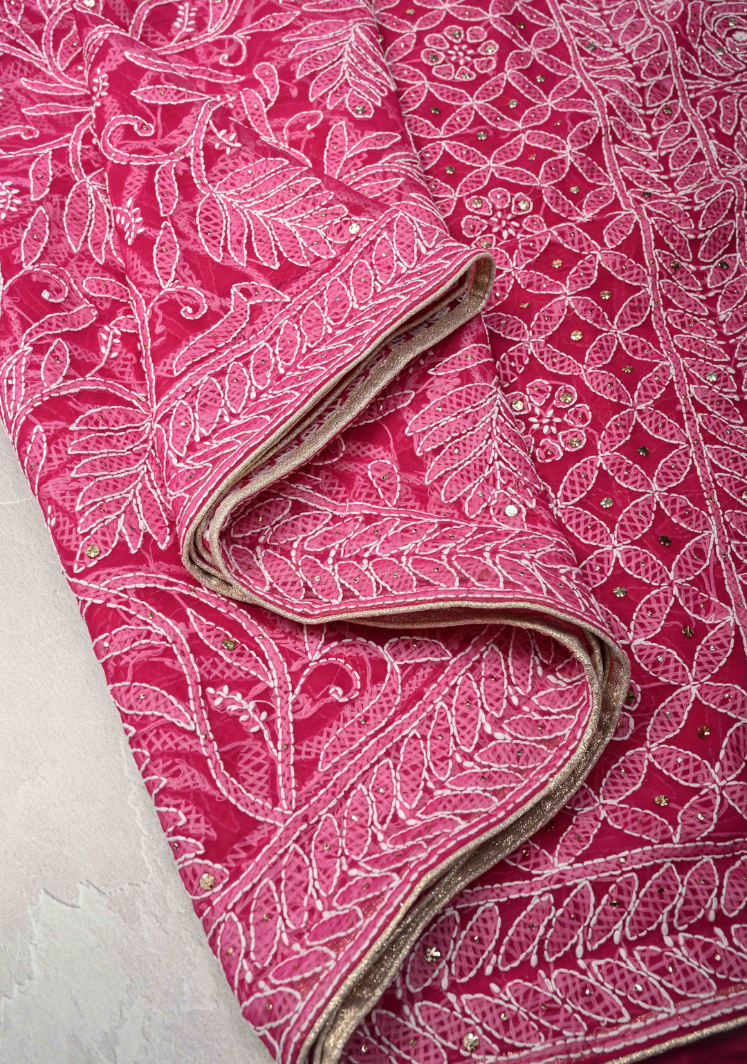 Raspberry pink Authentic Hand-Embroidered Full Jaal Chikankari Georgette Saree with Mukeish work