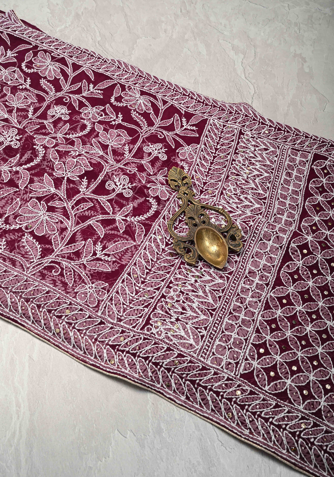 Plum Authentic Hand-Embroidered Full Jaal Chikankari Georgette Saree with Mukeish work
