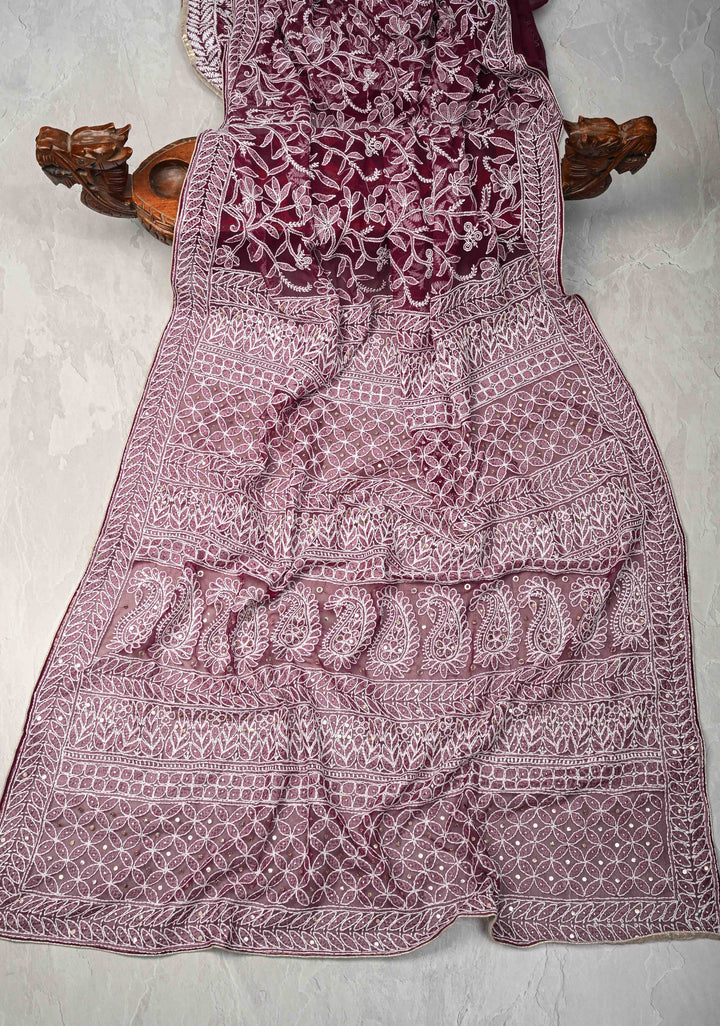 Plum Authentic Hand-Embroidered Full Jaal Chikankari Georgette Saree with Mukeish work