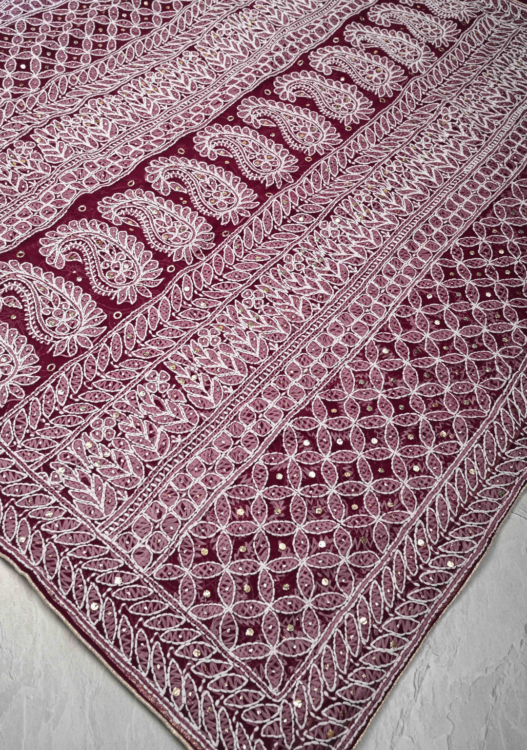 Plum Authentic Hand-Embroidered Full Jaal Chikankari Georgette Saree with Mukeish work