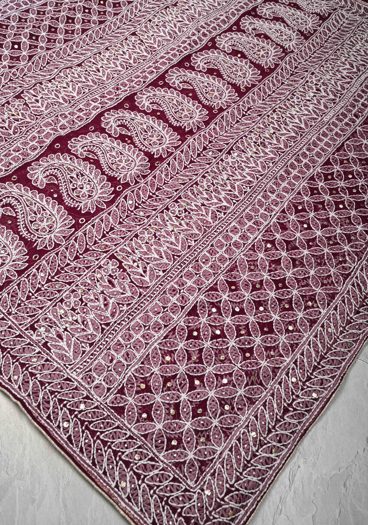 Plum Authentic Hand-Embroidered Full Jaal Chikankari Georgette Saree with Mukeish work