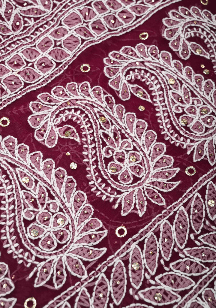 Plum Authentic Hand-Embroidered Full Jaal Chikankari Georgette Saree with Mukeish work