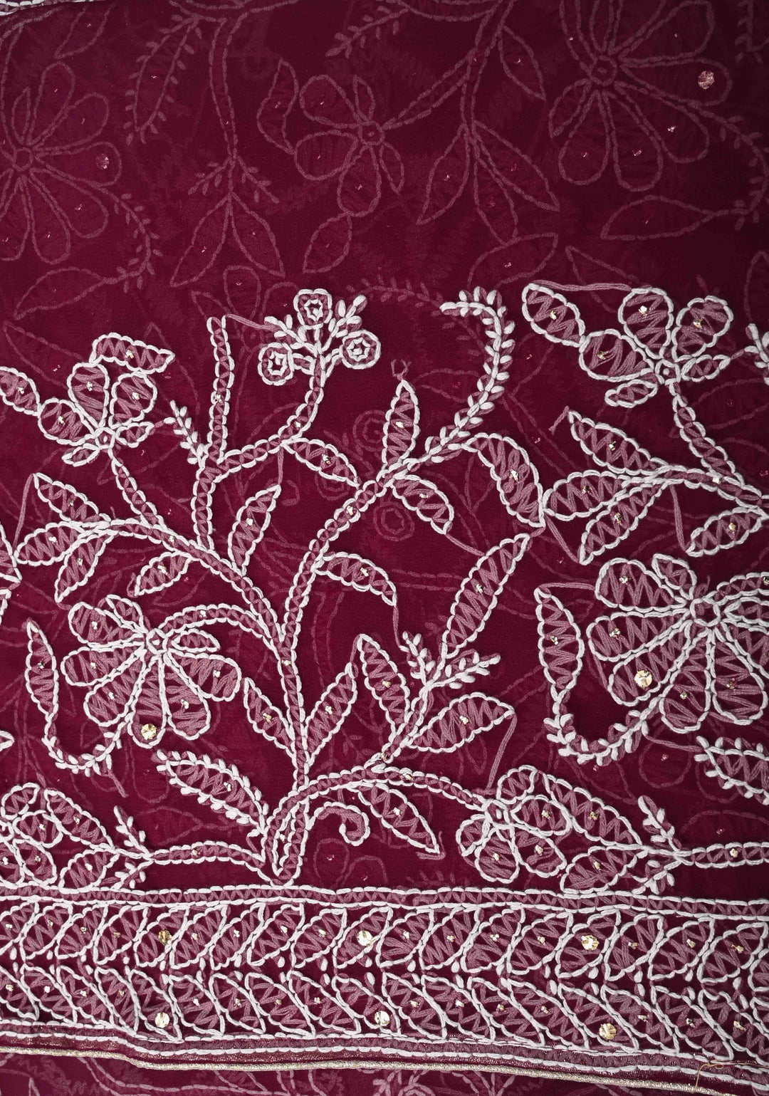Plum Authentic Hand-Embroidered Full Jaal Chikankari Georgette Saree with Mukeish work
