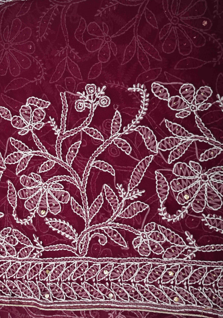 Plum Authentic Hand-Embroidered Full Jaal Chikankari Georgette Saree with Mukeish work