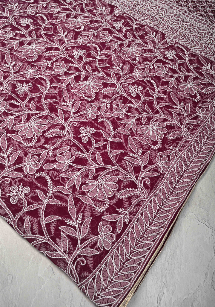 Plum Authentic Hand-Embroidered Full Jaal Chikankari Georgette Saree with Mukeish work
