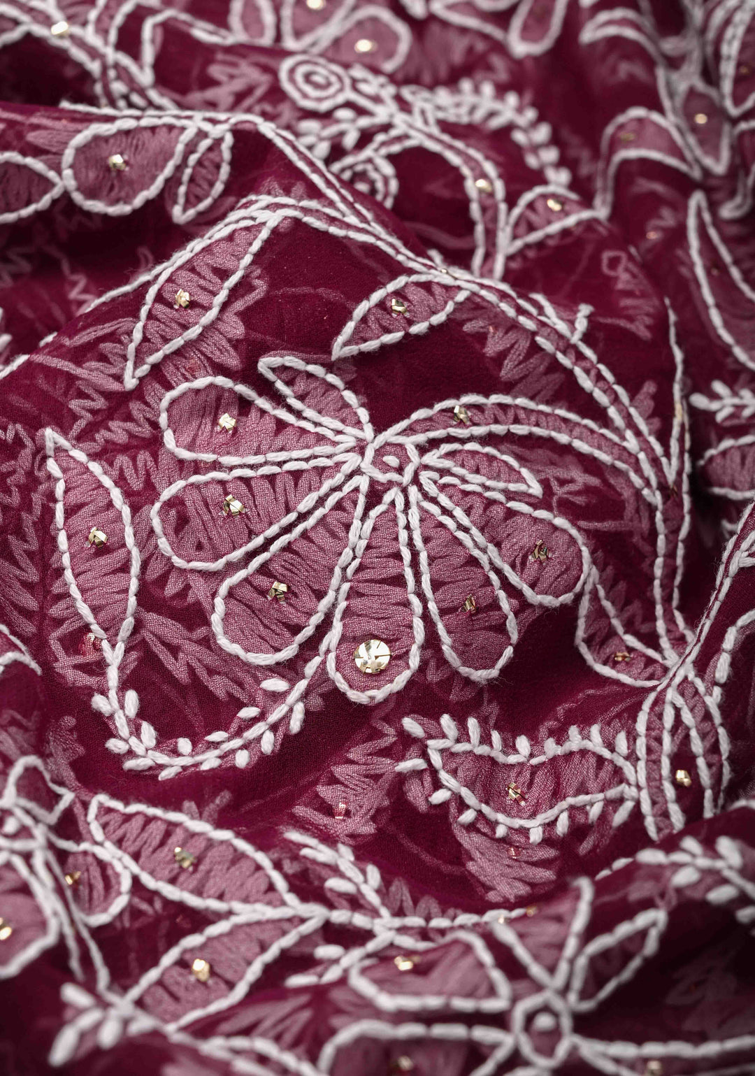 Plum Authentic Hand-Embroidered Full Jaal Chikankari Georgette Saree with Mukeish work