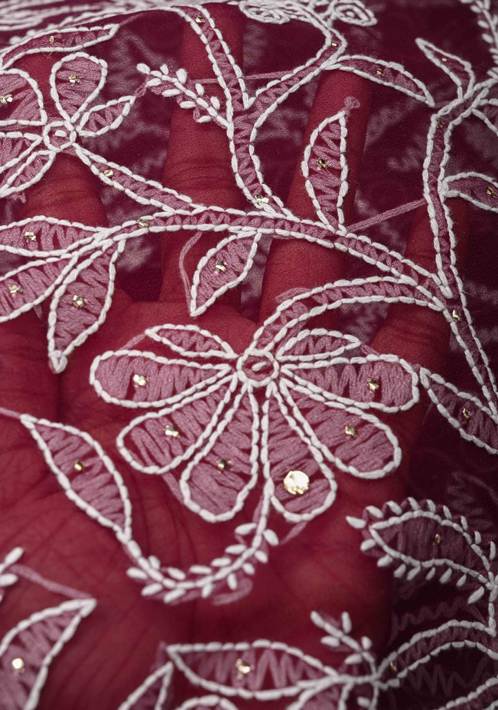 Plum Authentic Hand-Embroidered Full Jaal Chikankari Georgette Saree with Mukeish work
