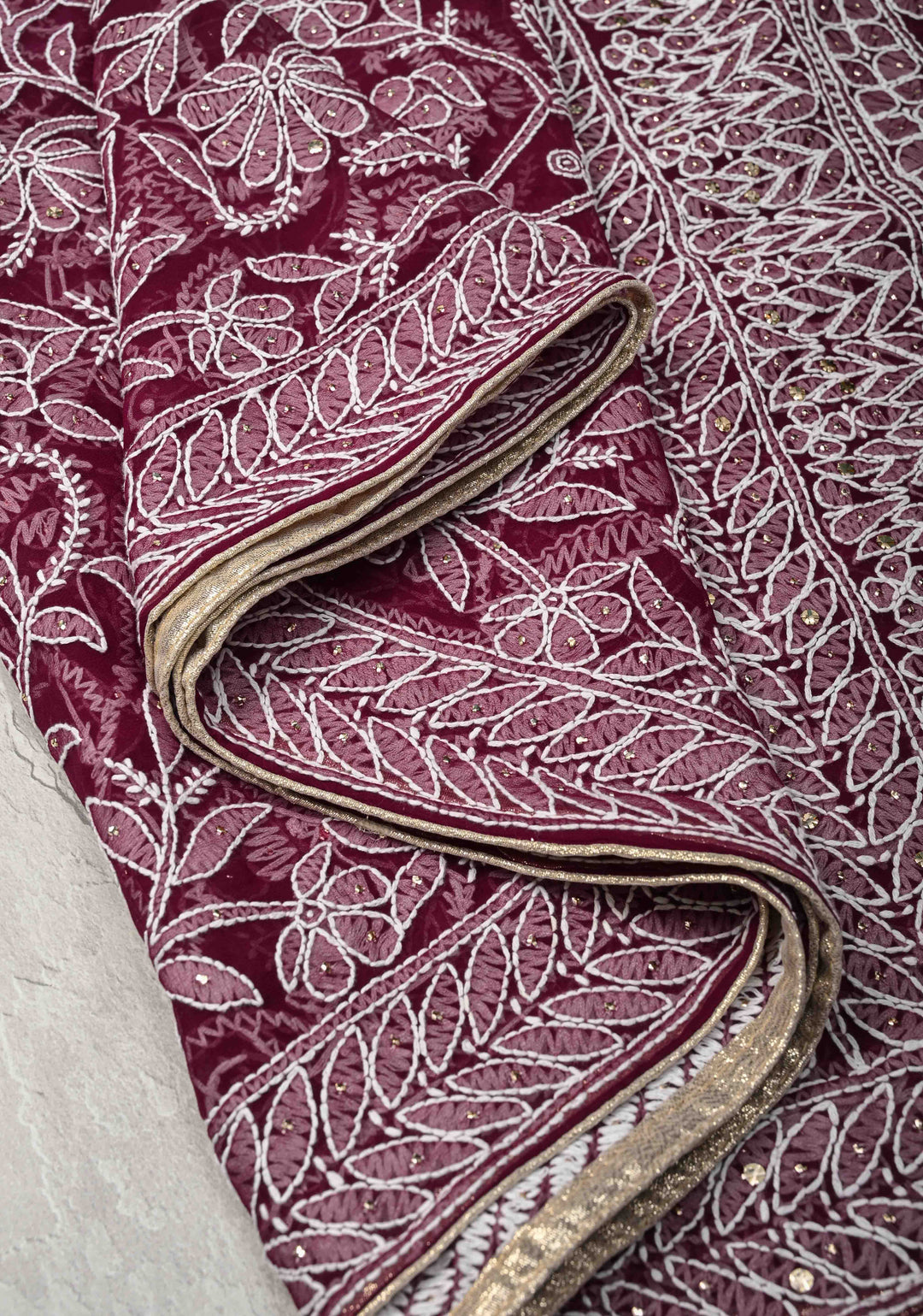 Plum Authentic Hand-Embroidered Full Jaal Chikankari Georgette Saree with Mukeish work