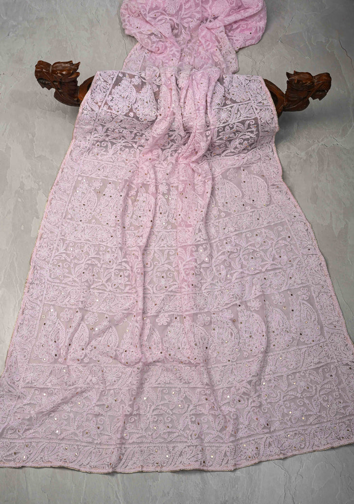 Baby Pink Authentic Hand-Embroidered Full Jaal Chikankari Georgette Saree with Mukeish work