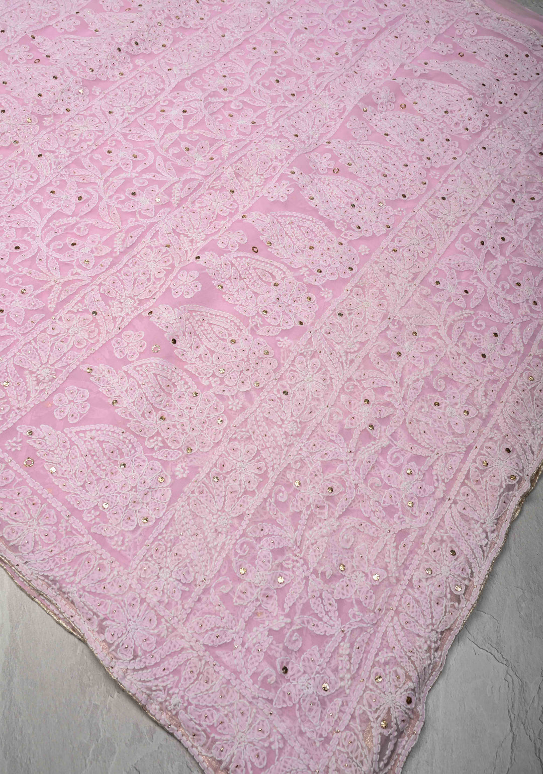 Baby Pink Authentic Hand-Embroidered Full Jaal Chikankari Georgette Saree with Mukeish work