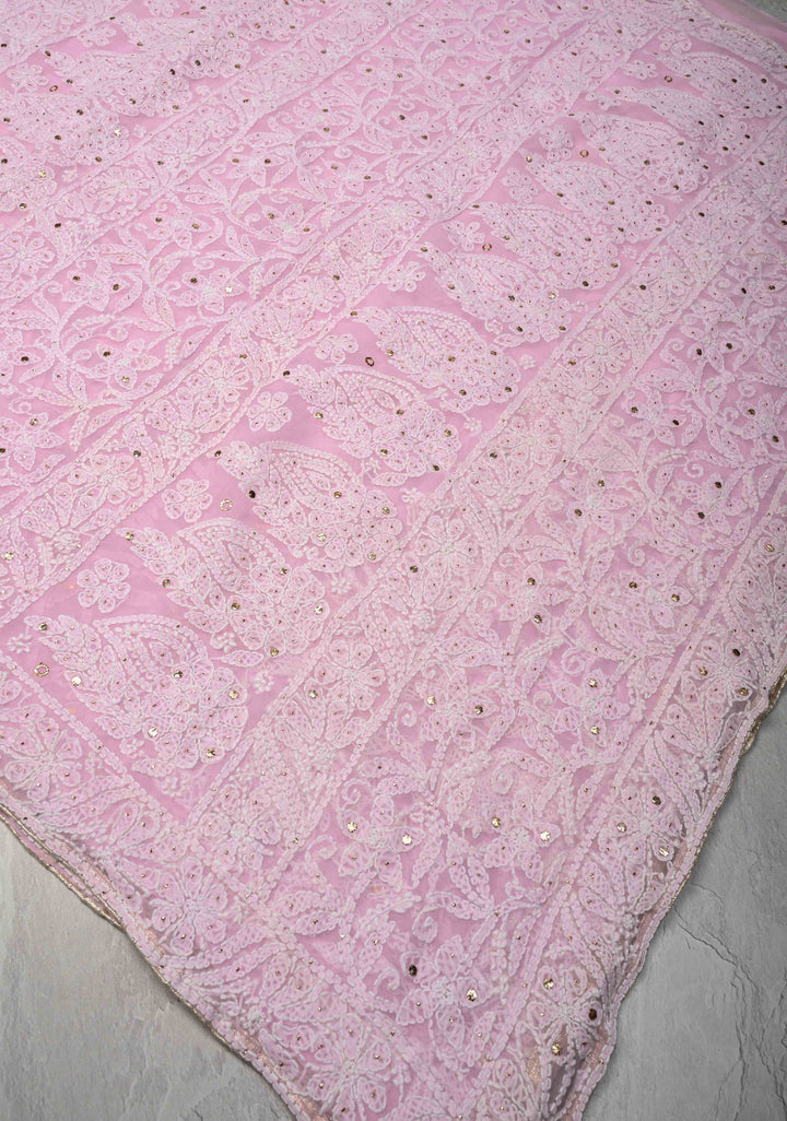 Baby Pink Authentic Hand-Embroidered Full Jaal Chikankari Georgette Saree with Mukeish work