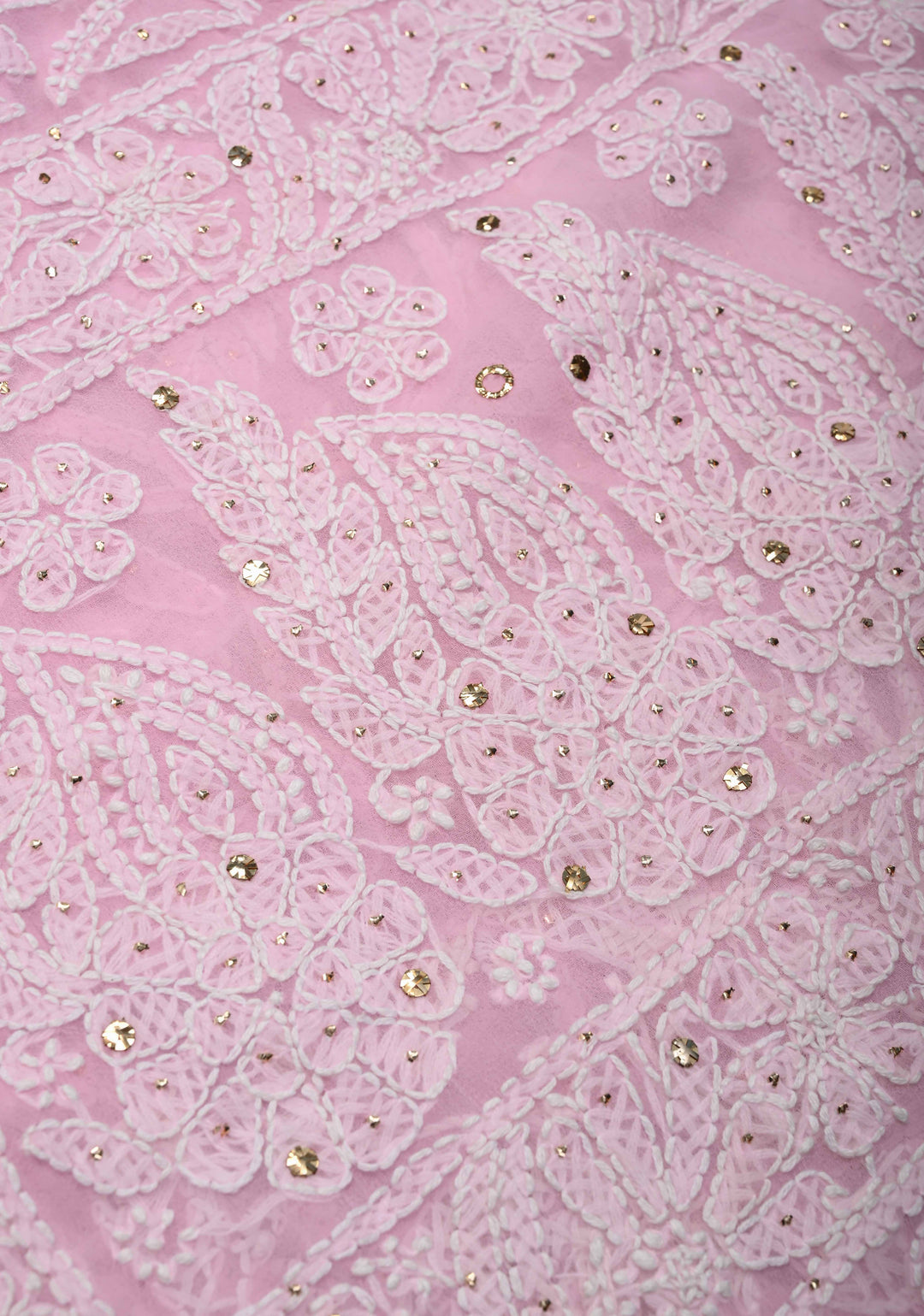 Baby Pink Authentic Hand-Embroidered Full Jaal Chikankari Georgette Saree with Mukeish work