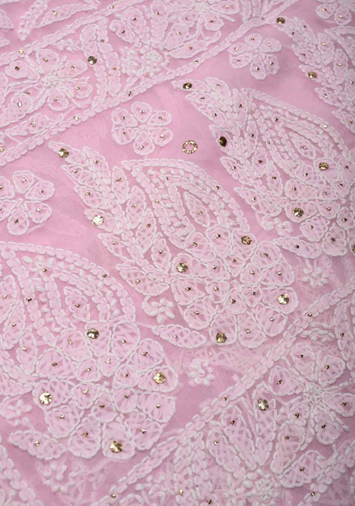 Baby Pink Authentic Hand-Embroidered Full Jaal Chikankari Georgette Saree with Mukeish work