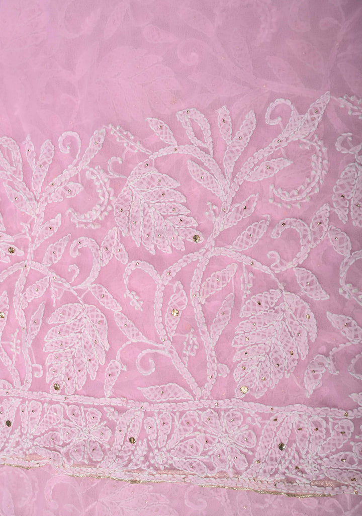 Baby Pink Authentic Hand-Embroidered Full Jaal Chikankari Georgette Saree with Mukeish work