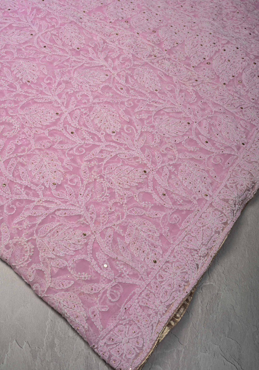 Baby Pink Authentic Hand-Embroidered Full Jaal Chikankari Georgette Saree with Mukeish work