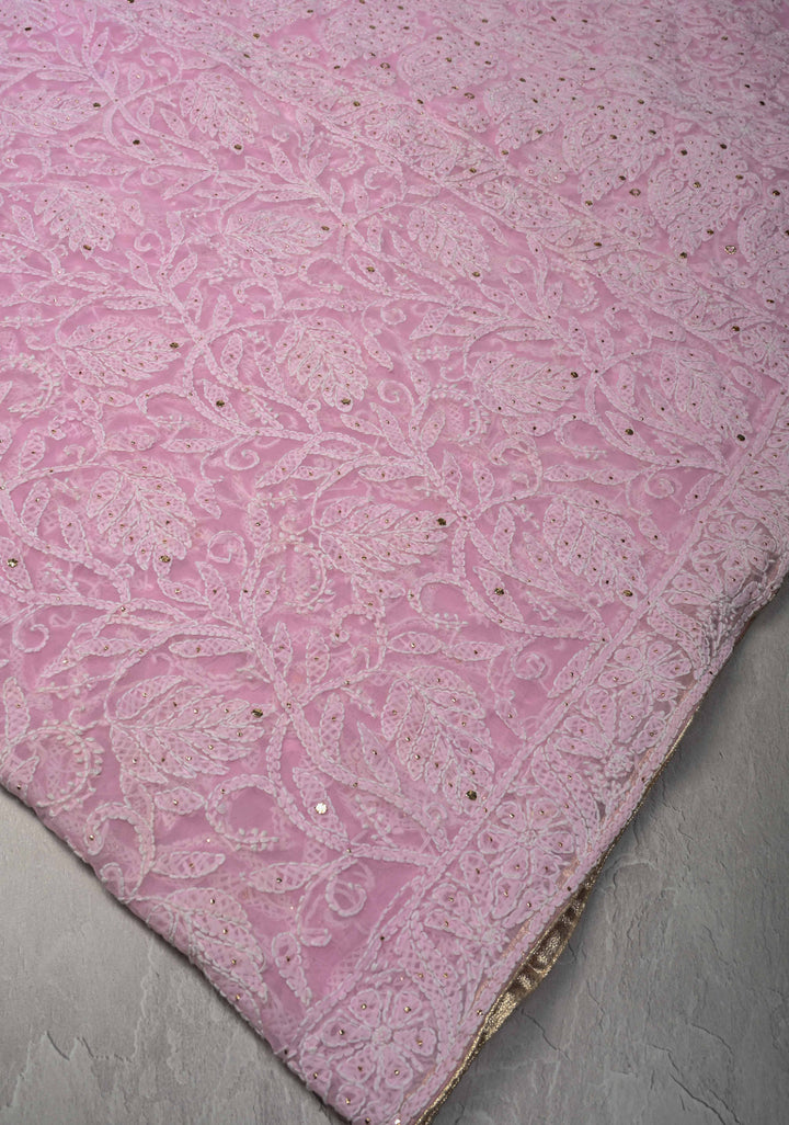 Baby Pink Authentic Hand-Embroidered Full Jaal Chikankari Georgette Saree with Mukeish work