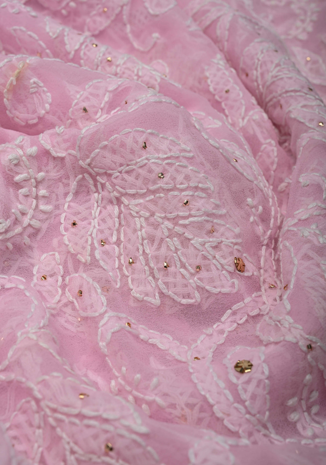 Baby Pink Authentic Hand-Embroidered Full Jaal Chikankari Georgette Saree with Mukeish work
