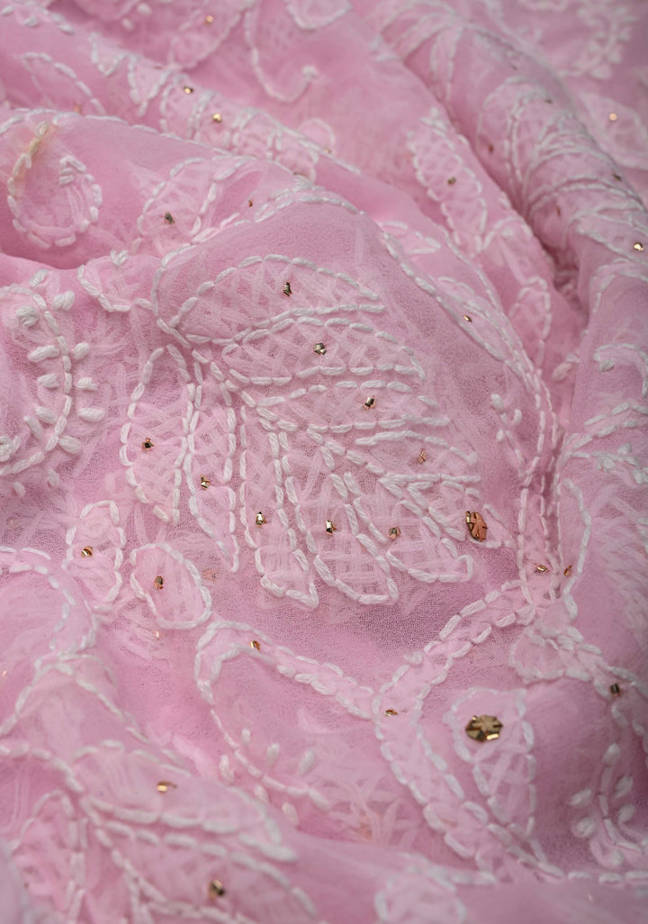 Baby Pink Authentic Hand-Embroidered Full Jaal Chikankari Georgette Saree with Mukeish work