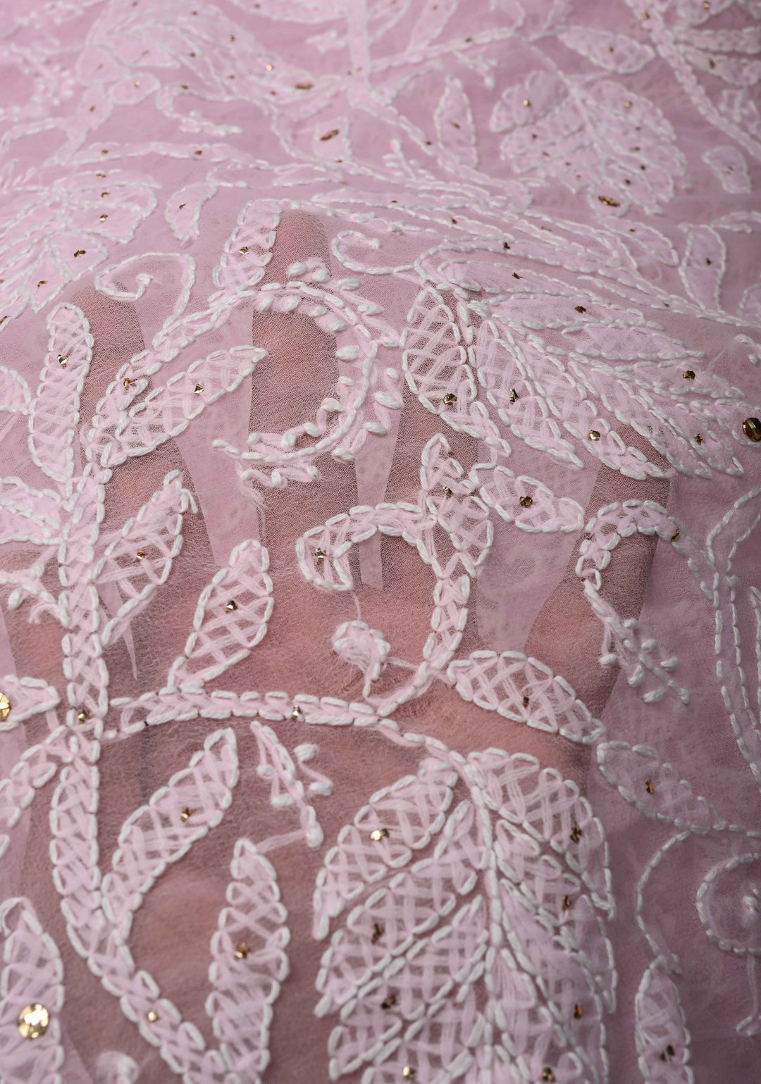 Baby Pink Authentic Hand-Embroidered Full Jaal Chikankari Georgette Saree with Mukeish work