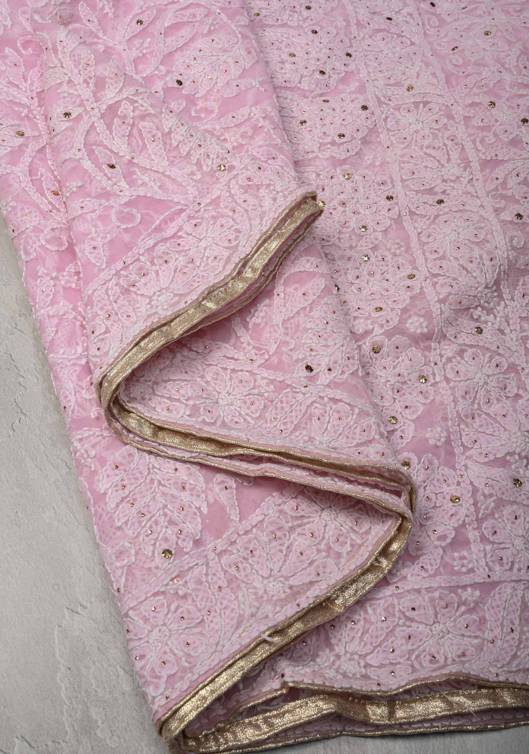 Baby Pink Authentic Hand-Embroidered Full Jaal Chikankari Georgette Saree with Mukeish work
