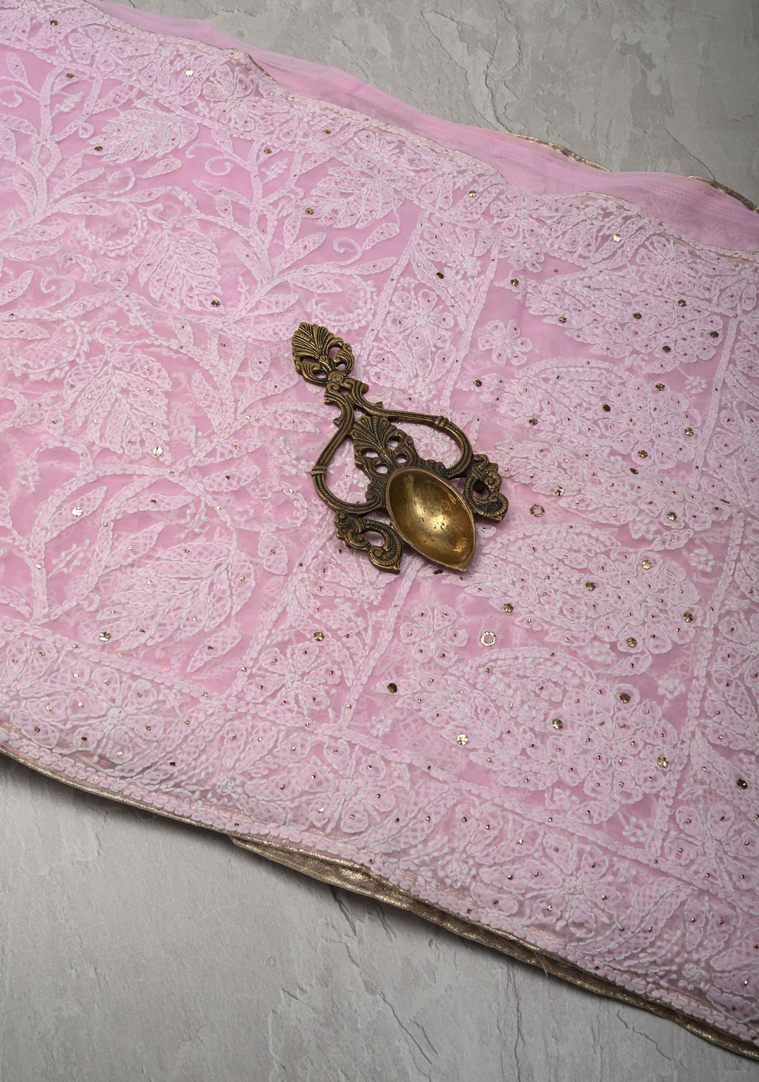 Baby Pink Authentic Hand-Embroidered Full Jaal Chikankari Georgette Saree with Mukeish work