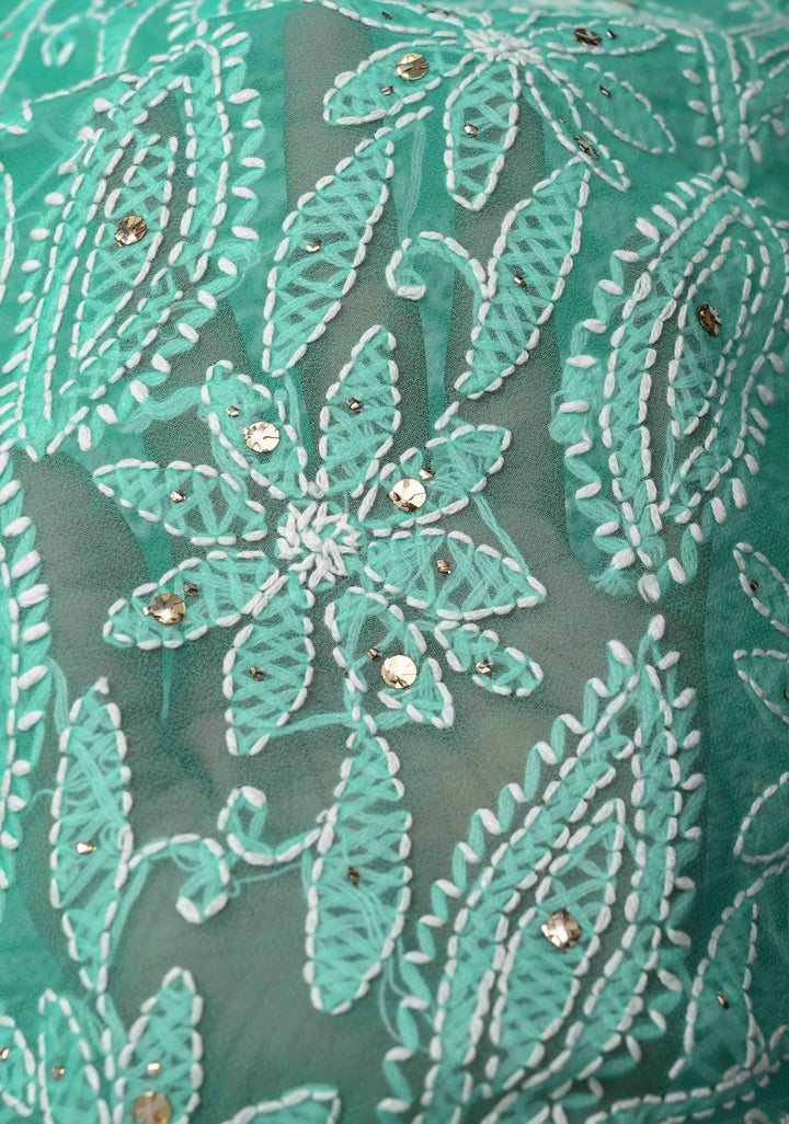 Cyan Blue Authentic Hand-Embroidered Full Jaal Chikankari Georgette Saree with Mukeish work