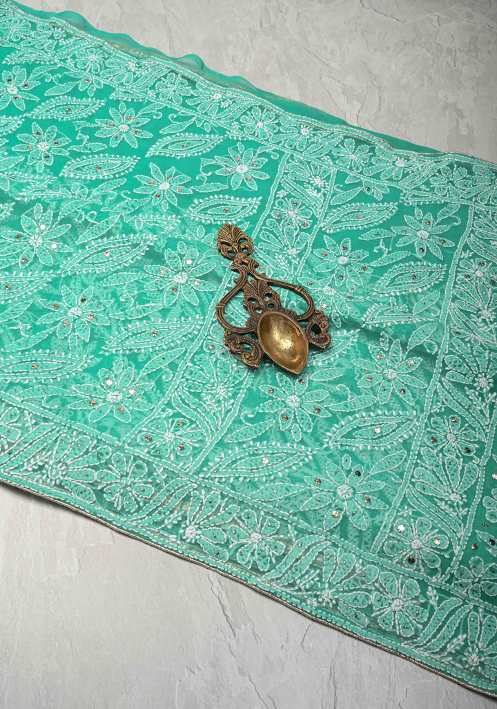 Cyan Blue Authentic Hand-Embroidered Full Jaal Chikankari Georgette Saree with Mukeish work