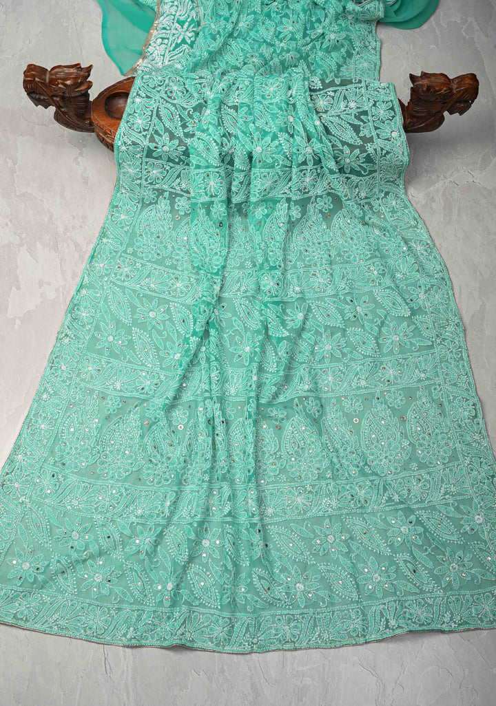 Cyan Blue Authentic Hand-Embroidered Full Jaal Chikankari Georgette Saree with Mukeish work