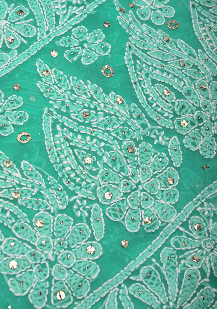 Cyan Blue Authentic Hand-Embroidered Full Jaal Chikankari Georgette Saree with Mukeish work