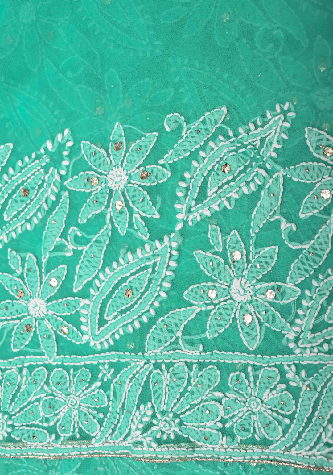 Cyan Blue Authentic Hand-Embroidered Full Jaal Chikankari Georgette Saree with Mukeish work