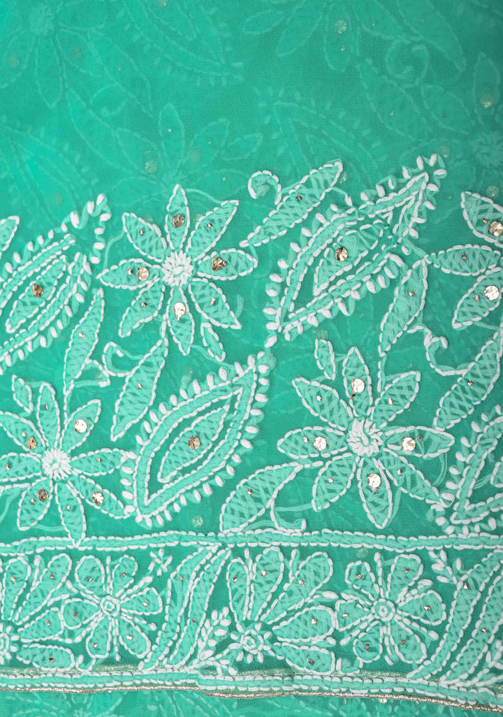 Cyan Blue Authentic Hand-Embroidered Full Jaal Chikankari Georgette Saree with Mukeish work