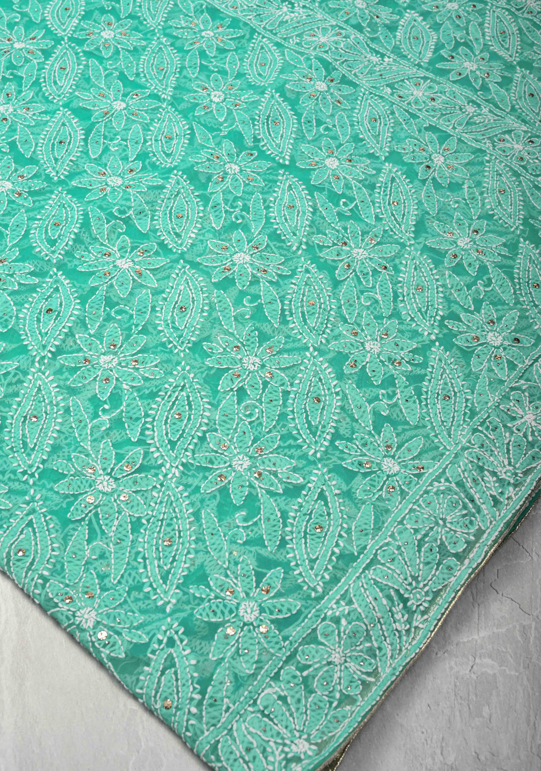 Cyan Blue Authentic Hand-Embroidered Full Jaal Chikankari Georgette Saree with Mukeish work