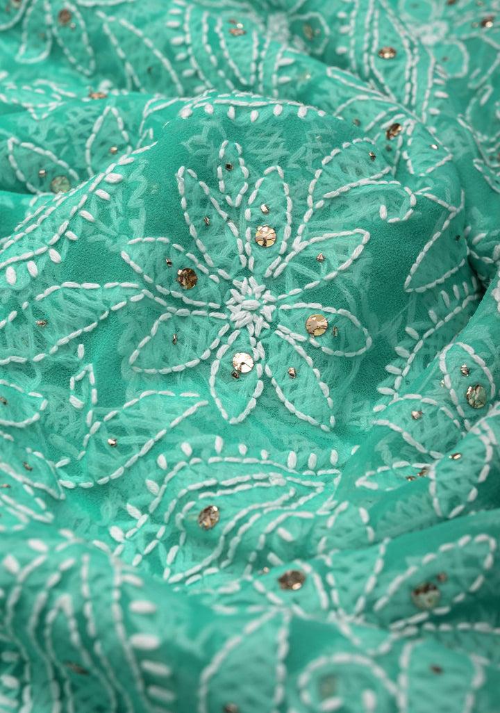 Cyan Blue Authentic Hand-Embroidered Full Jaal Chikankari Georgette Saree with Mukeish work