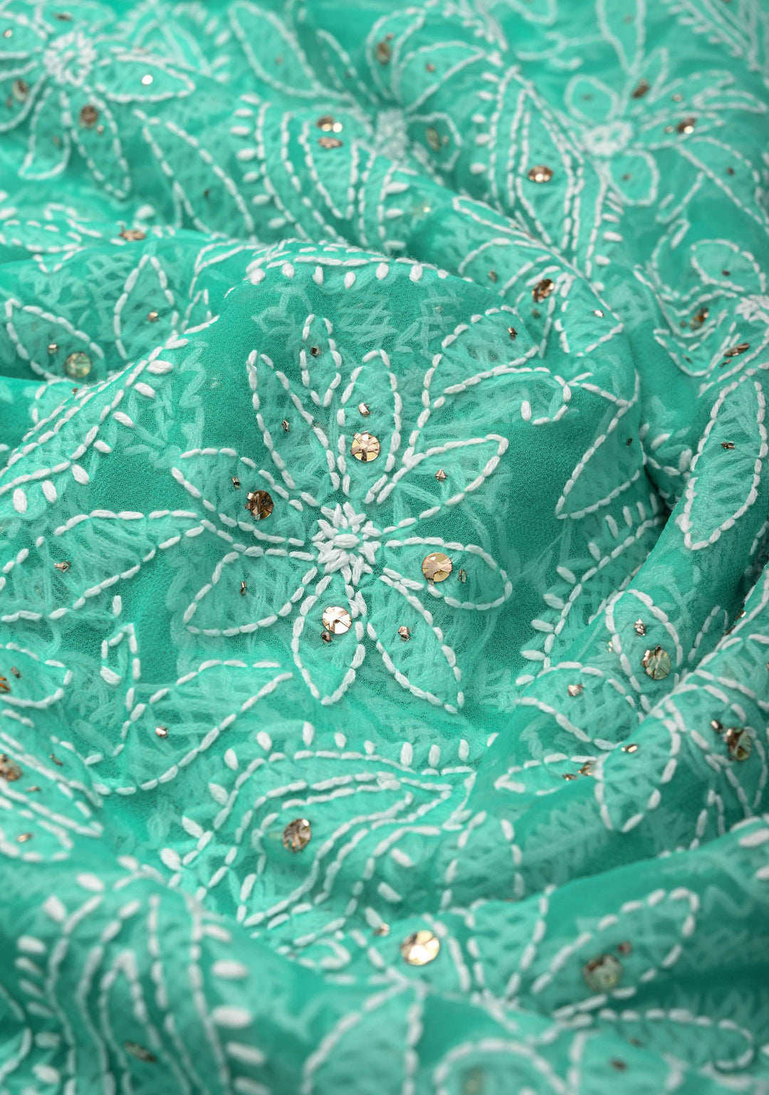Cyan Blue Authentic Hand-Embroidered Full Jaal Chikankari Georgette Saree with Mukeish work
