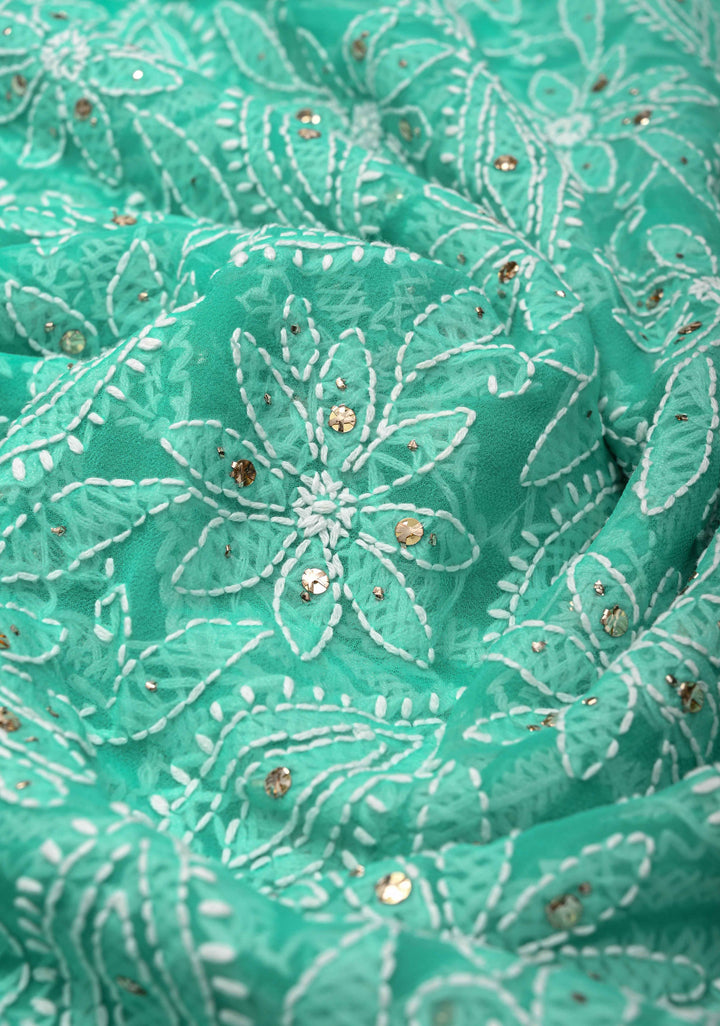 Cyan Blue Authentic Hand-Embroidered Full Jaal Chikankari Georgette Saree with Mukeish work