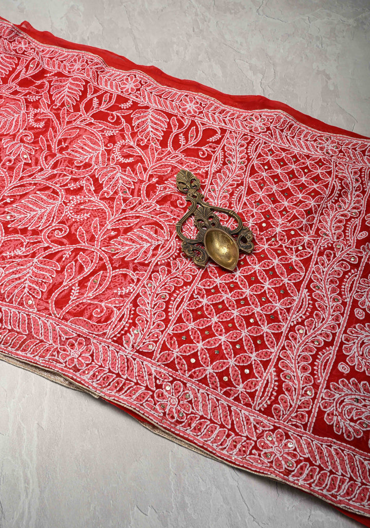 Red Authentic Hand-Embroidered Full Jaal Chikankari Georgette Saree with Mukeish work
