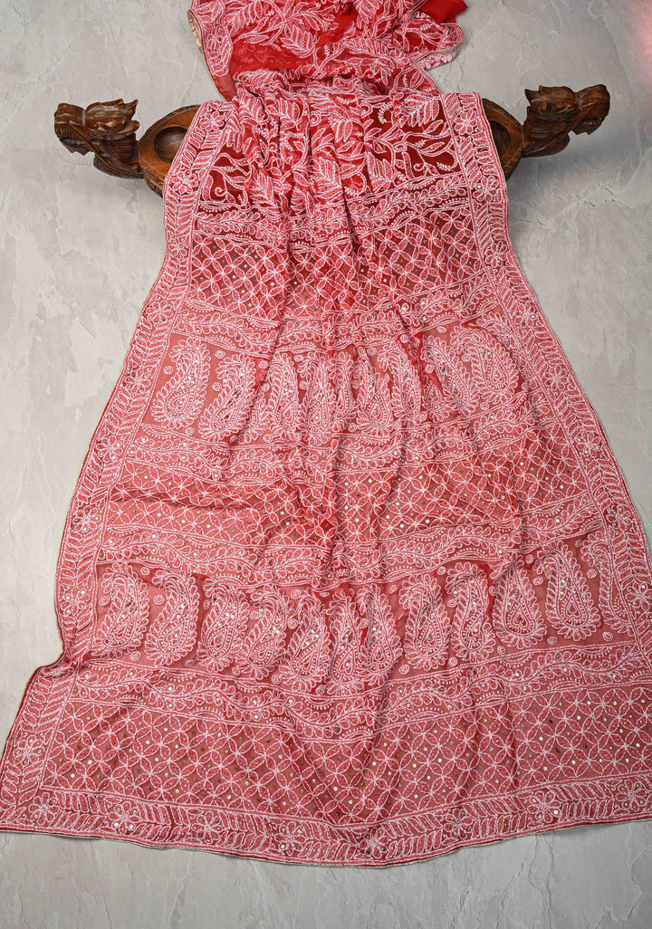Red Authentic Hand-Embroidered Full Jaal Chikankari Georgette Saree with Mukeish work