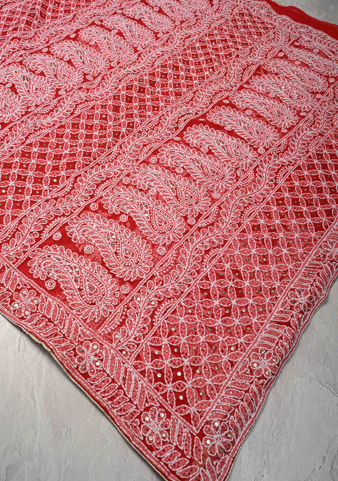 Red Authentic Hand-Embroidered Full Jaal Chikankari Georgette Saree with Mukeish work
