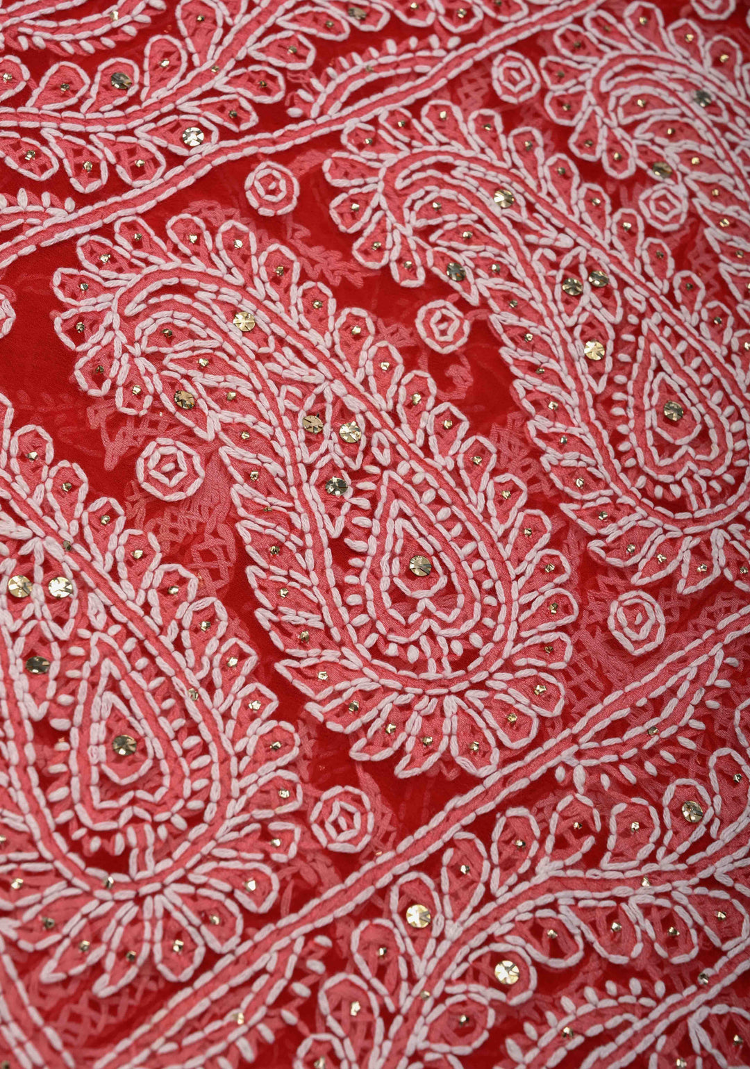Red Authentic Hand-Embroidered Full Jaal Chikankari Georgette Saree with Mukeish work