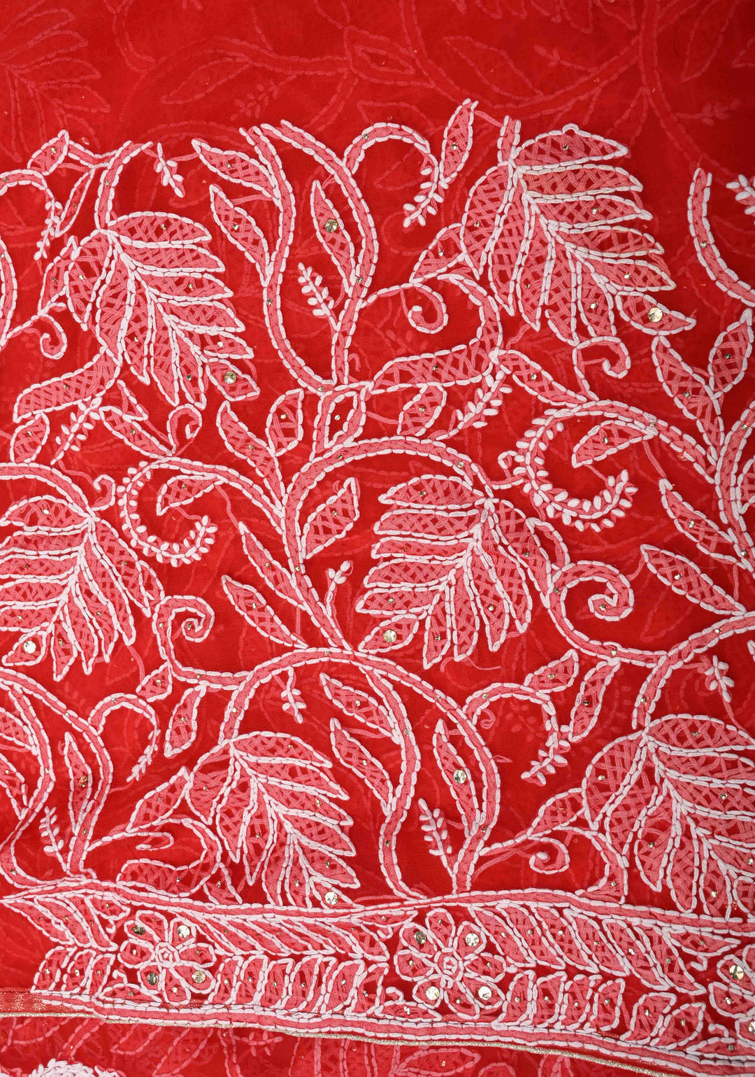 Red Authentic Hand-Embroidered Full Jaal Chikankari Georgette Saree with Mukeish work