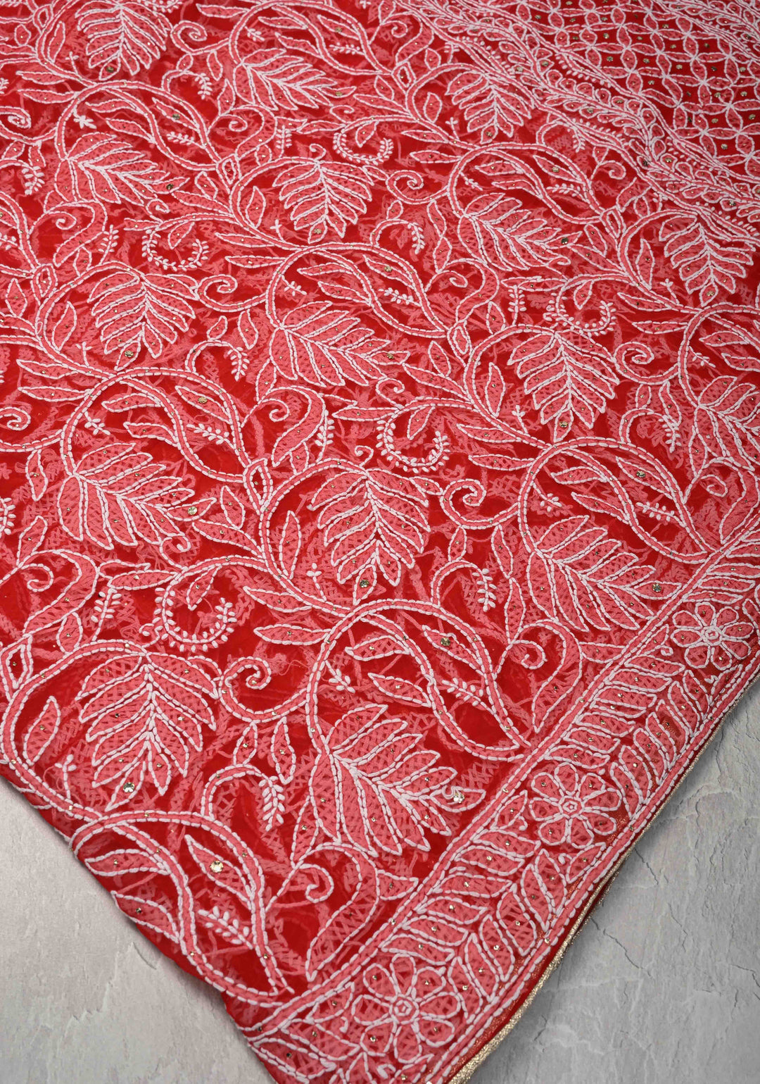 Red Authentic Hand-Embroidered Full Jaal Chikankari Georgette Saree with Mukeish work